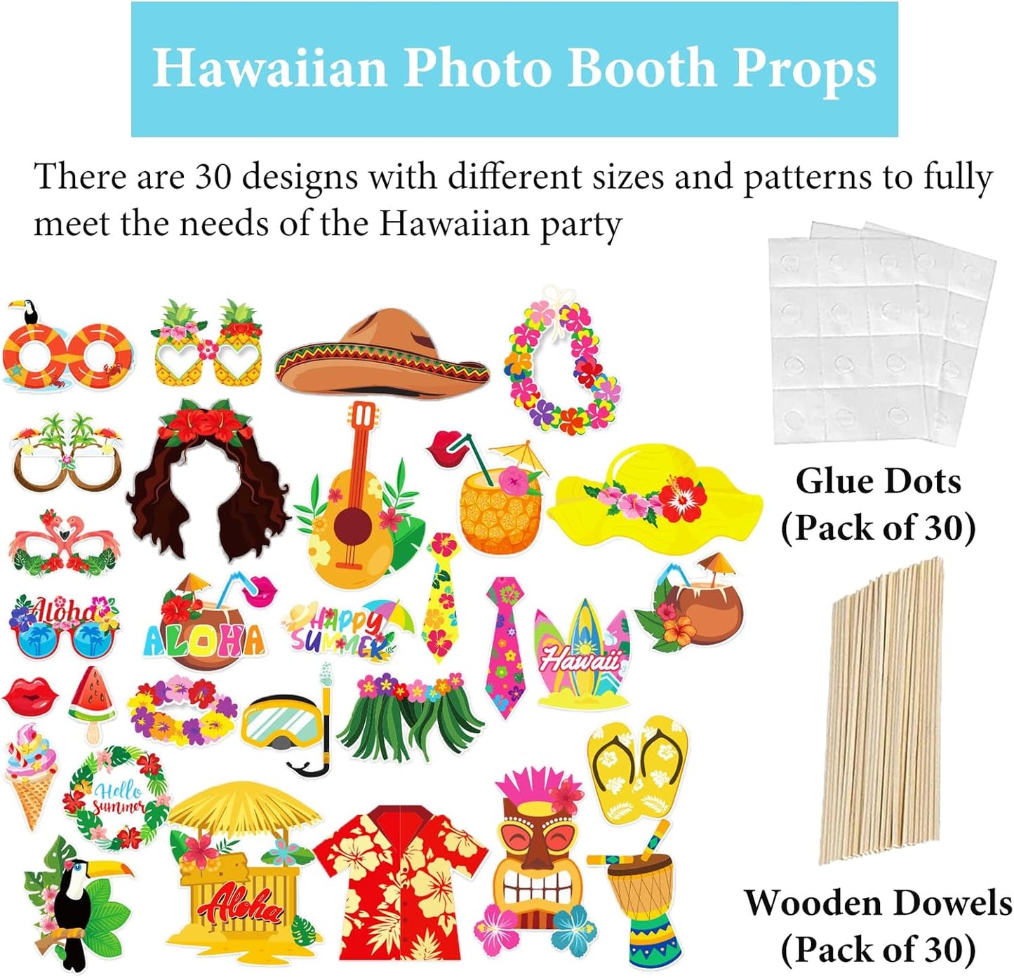 Hawaiian Party Photo Booth Props Kit, 30 PCS Luau Photo Booth Props with Large Inflatable Selfie Picture Frame for Hawaiian Tropical Tiki Summer Pool Party Supplies