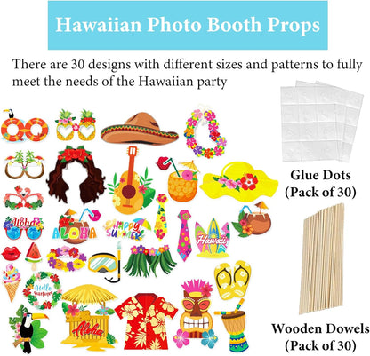 Hawaiian Party Photo Booth Props Kit, 30 PCS Luau Photo Booth Props with Large Inflatable Selfie Picture Frame for Hawaiian Tropical Tiki Summer Pool Party Supplies