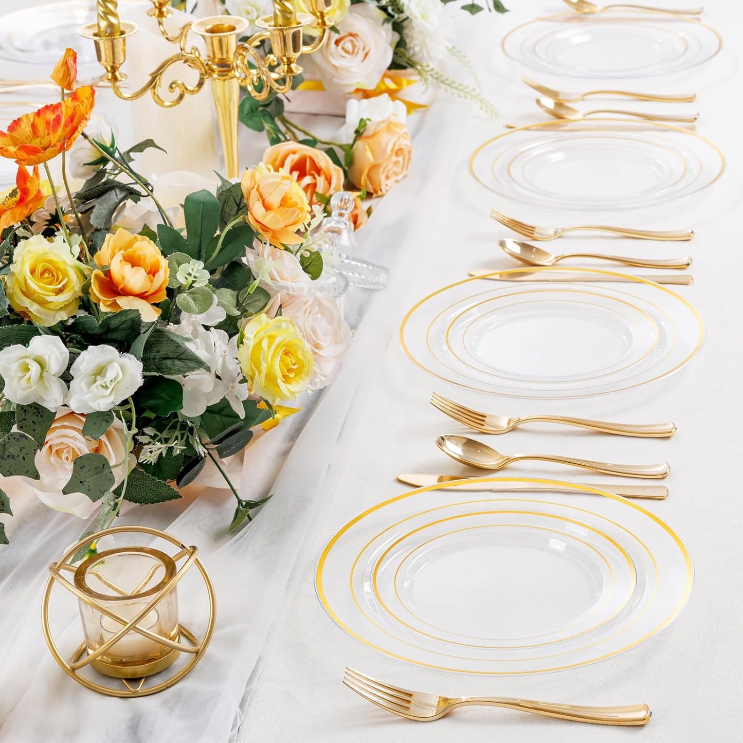 I00000 102 Pieces Gold Plastic Plates, Disposable Party Plates White Gold Rim, 51 Disposable Gold Dinner Plates 10.25 Inch and 51 Disposable Dessert Appetizer Elegant Fancy Wedding Plates 7.5 Inch