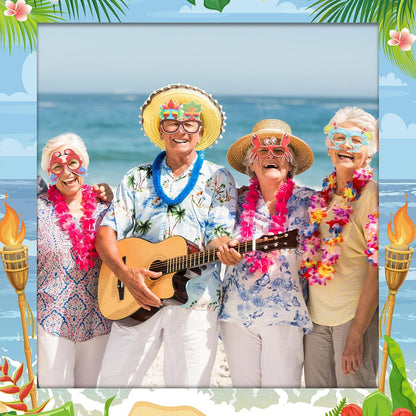 Jenaai Hawaiian Photo Booth Props Kit Luau Party Decorations 1 Hawaiian Photo Booth Frame 16 Summer Paper Eyeglasses Pool Party Selfie Props for Tropical Hawaii Luau Beach Tiki Decoration Supplies