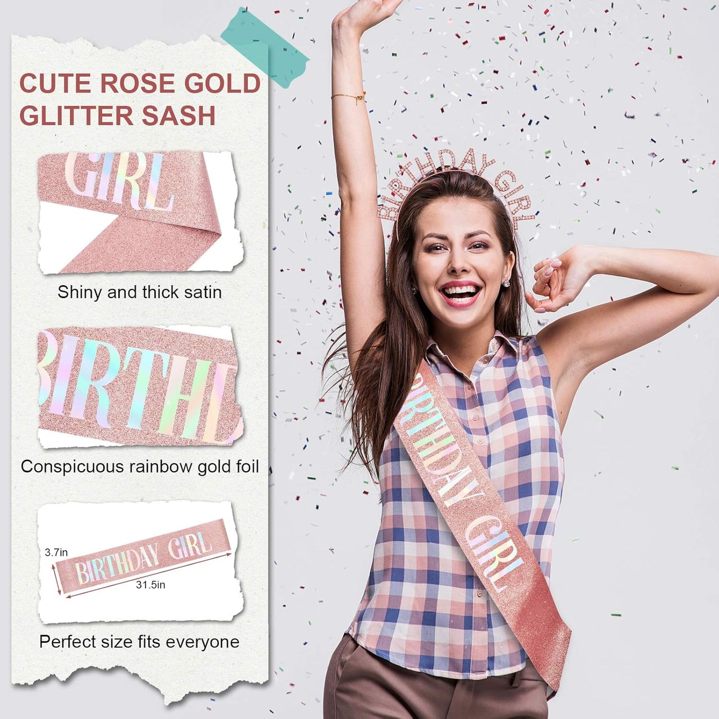 Aurmigle Birthday Crown and Sash Set for Women - Glitter Birthday Girl Sash, Rose-Gold Rhinestone Tiara Headband Gifts Sweet Happy Accessories