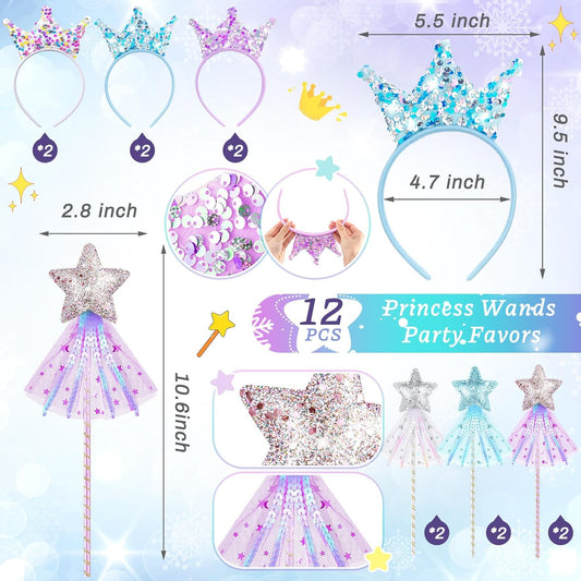 Hollowfly 12 Pcs Princess Party Favors Star Shaped Wands and Sequin Crown Headbands Kit for Halloween Birthday Party Decor Gifts