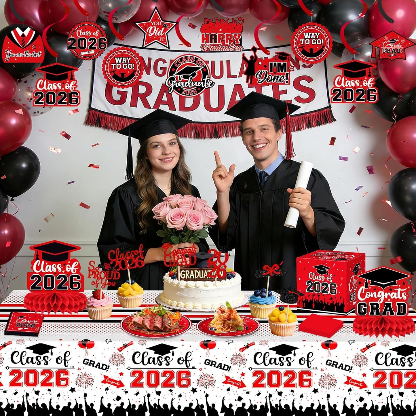 24 Pcs Graduation Cupcake Toppers 2026 - Congrats Grad Decorations Class of 2026, Pre-Assembled Black Gold Grad Cake Topper Centerpieces for Graduation Party Decoration Supplies Table Decor, 6 Styles