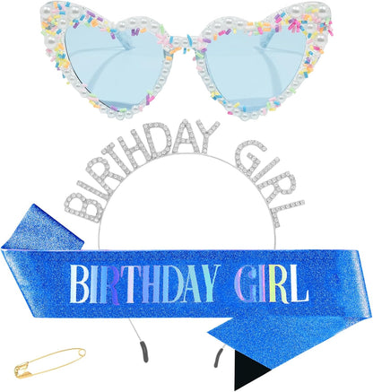 3Pcs Birthday Girl Sash Headband Set-Birthday Sash Tiara and Crown Sunglasses for Girls Women