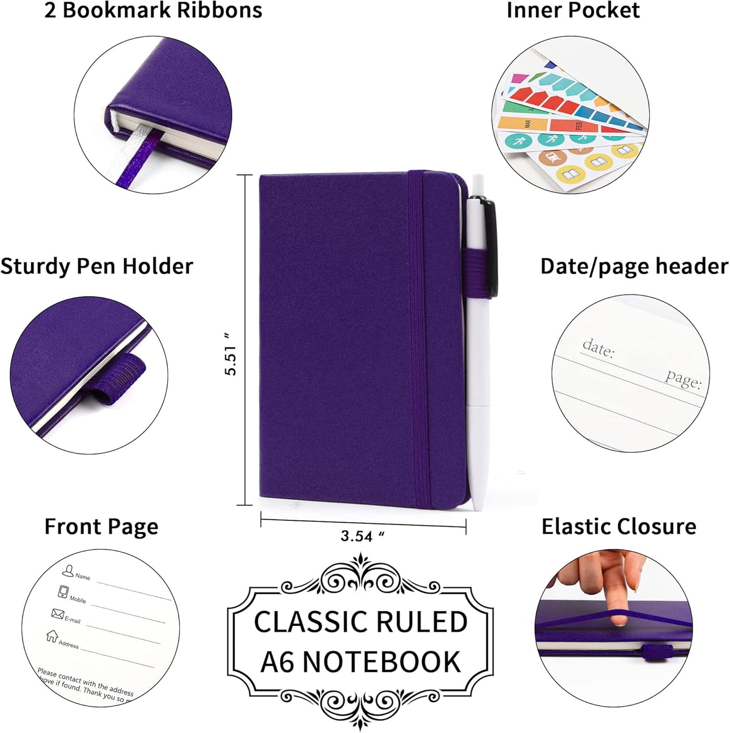 feela 6 Pack Pocket Small Notebooks Bulk, Mini Cute Memo Notepads Hardcover College Ruled Lined Journals with Pen Holder for Women Girls Office School, with 6 Black Pens, 3.5”x 5.5”, A6, Rose Pink