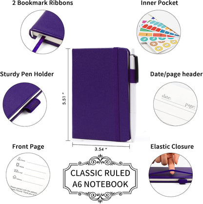 feela 6 Pack Pocket Small Notebooks Bulk, Mini Cute Memo Notepads Hardcover College Ruled Lined Journals with Pen Holder for Women Girls Office School, with 6 Black Pens, 3.5”x 5.5”, A6, Rose Pink