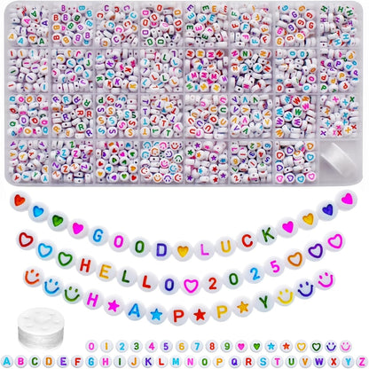Amaney 1400pcs Glow Letter Beads, Heart Beads Whit Elastic Beading Cord,4x7mm Round Acrylic Alphabet Beads for Friend Bracelet Jewelry Making