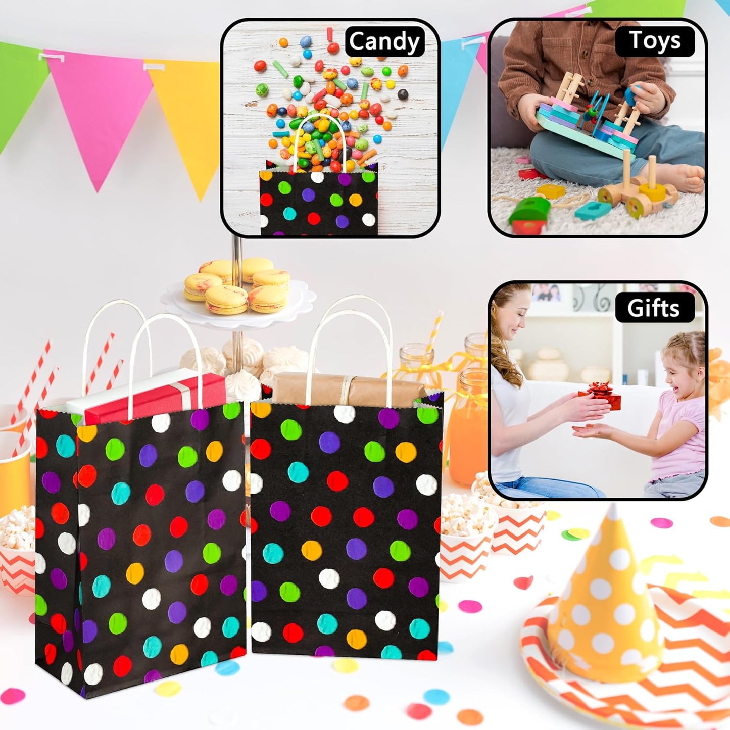 BLEWINDZ 32 Pieces Gift Bags with 32 Tissues, 8 Colors Party Favor Bags with Handles, Rainbow Gift Bag for Wedding, Birthday, Party Supplies and Gifts