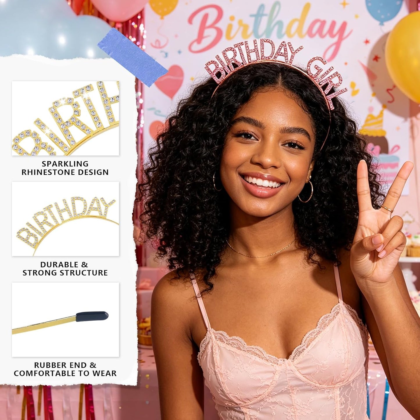 Birthday Sash and Crown Set for Women – Pink Glitter Birthday Girl Sash with Rhinestone Tiara Headband for Party Celebration Gift