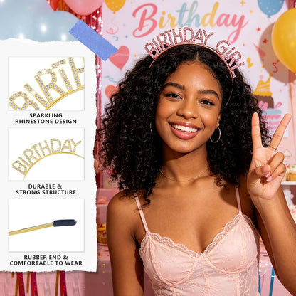 Birthday Sash and Crown Set for Women – Pink Glitter Birthday Girl Sash with Rhinestone Tiara Headband for Party Celebration Gift