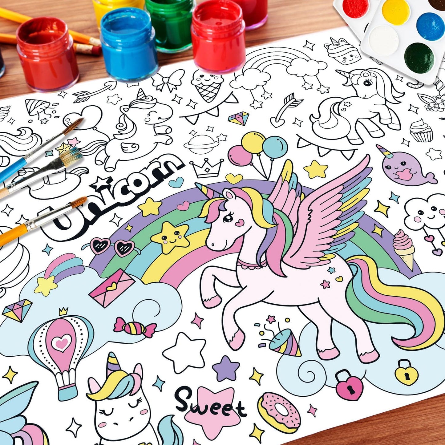 43.3x31.5 Summer Coloring Poster with Picture, Giant Cute Painting Poster, Large Coloring Tablecloth for Classroom Home Birthday Party Supplies Favor