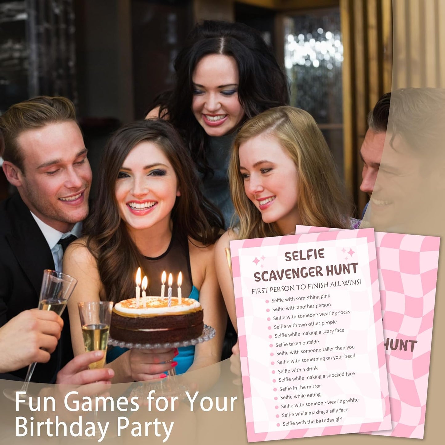 Selfie Scavenger Hunt Birthday Party Games Cards for Birthday Sleepover Slumber Party Pink Sweet Party Favors & Supplies Activity for Women Set of 20 - YY026