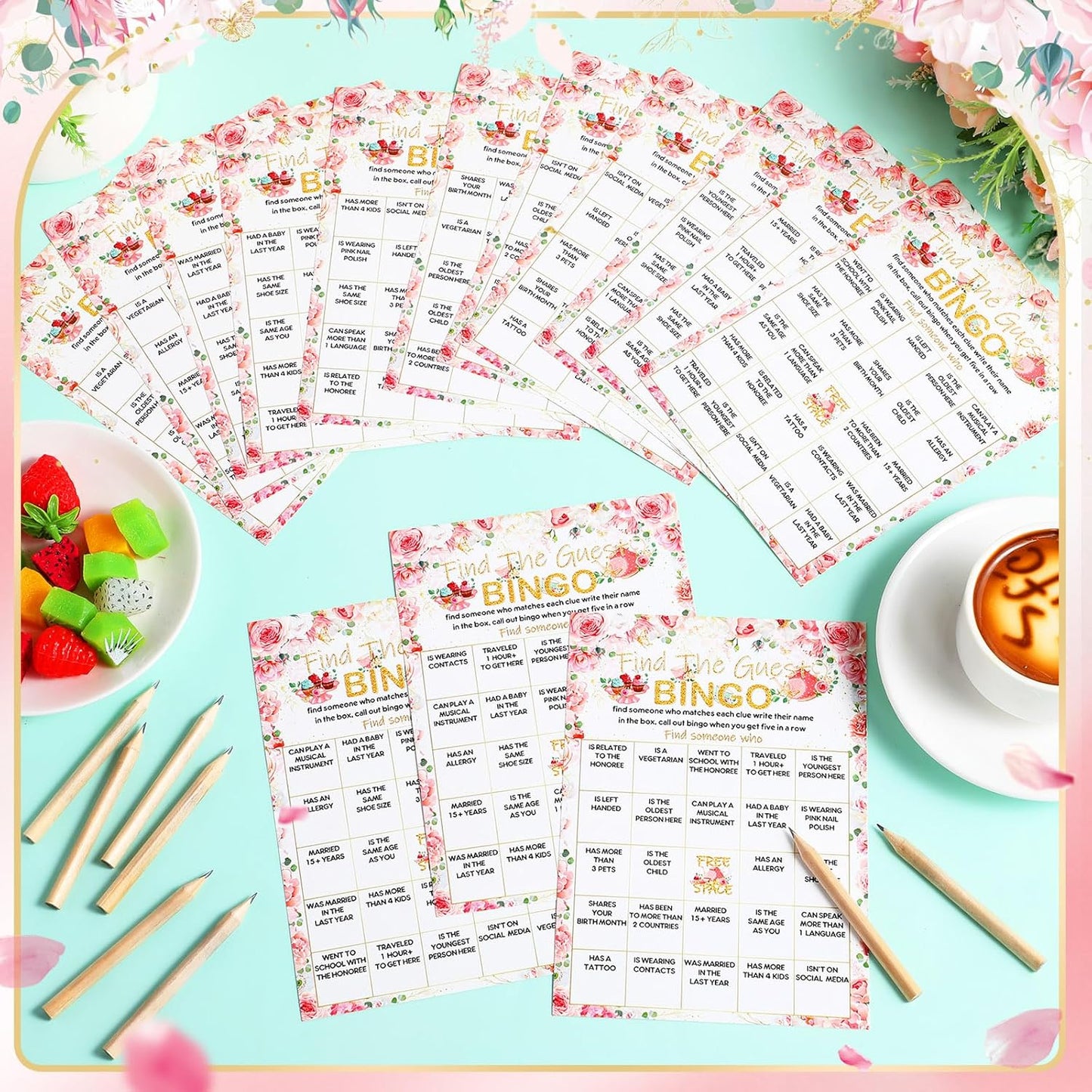 Pasimy 50 Pcs Find the Guest Game Bingo Cards with 20 Pcs Pencils Bridal Shower Wedding Bingo Game Pink Flower Tea Party Activity Favor Supply for Engagement Birthday Baby Shower Bachelorette, 5"x7"