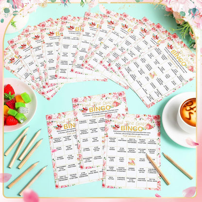 Pasimy 50 Pcs Find the Guest Game Bingo Cards with 20 Pcs Pencils Bridal Shower Wedding Bingo Game Pink Flower Tea Party Activity Favor Supply for Engagement Birthday Baby Shower Bachelorette, 5"x7"