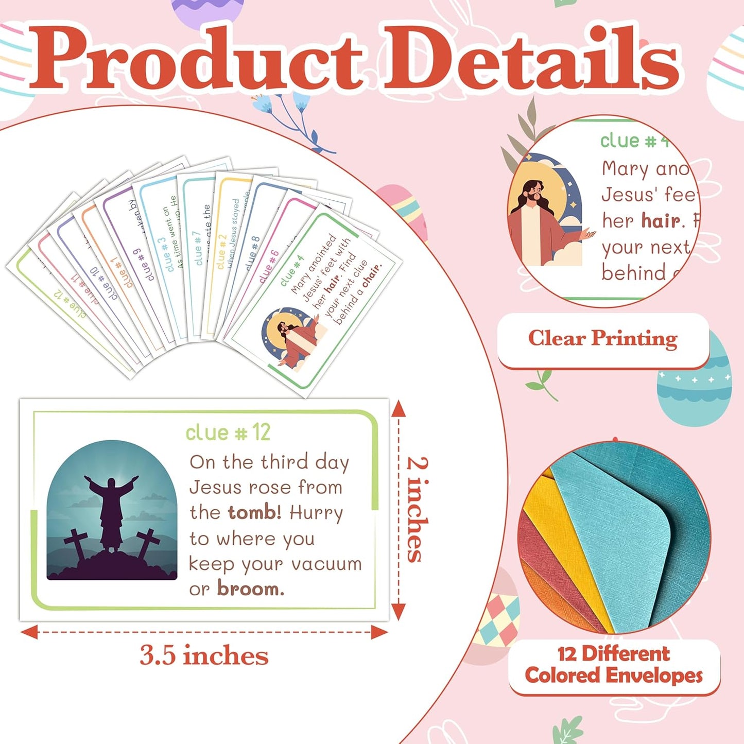 Religious Easter Scavenger Hunt Clue Cards, Christian Scavenger Hunt Games for Adults, Sunday Holy Week Easter Party Supplies Activities Outdoor Indoor(12 Clues Cards with Envelopes), 05