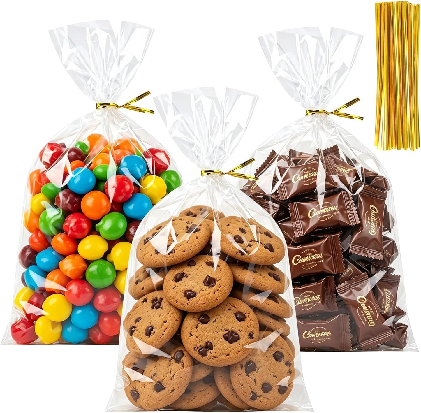 50pcs Clear Cellophane Treat Bags - 8 x 11 Inches Large Plastic Gift Bags with 60 Gold Twist Ties - Food Grade Cello Bags for Packaging Cookies, Candies, Popcorn, Bakery, Party Favors & DIY Crafts