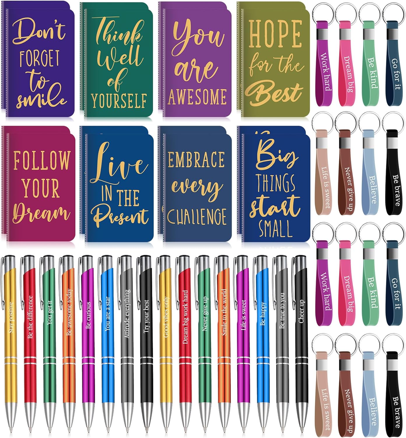 PerKoop 48 Pcs Inspirational Gifts Bulk Motivational Notepads Ballpoint Pens Keychains Set Modern Farmhouse Journal Notebooks Christian Gifts for Teachers School Office Party Favor Supplies