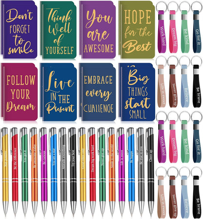 PerKoop 48 Pcs Inspirational Gifts Bulk Motivational Notepads Ballpoint Pens Keychains Set Modern Farmhouse Journal Notebooks Christian Gifts for Teachers School Office Party Favor Supplies