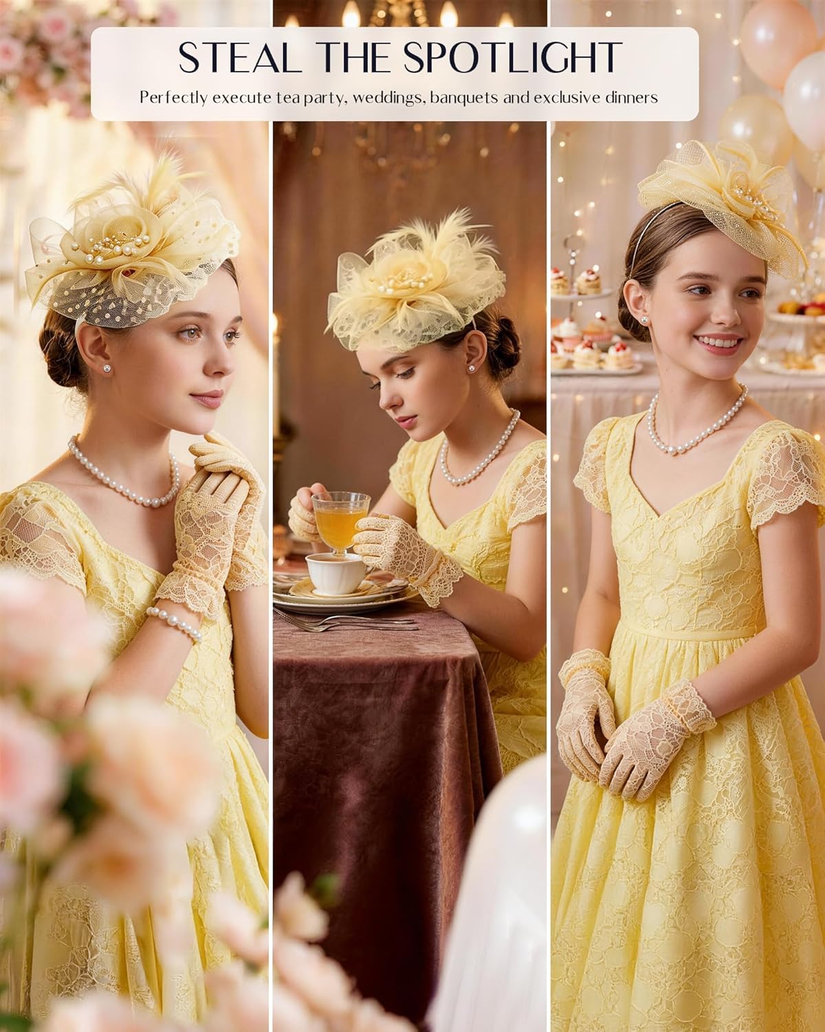 Girls Tea Party Fascinators Hats for Kids Fascinator Tea Party Hat Headband with Gloves Accessories for Girls
