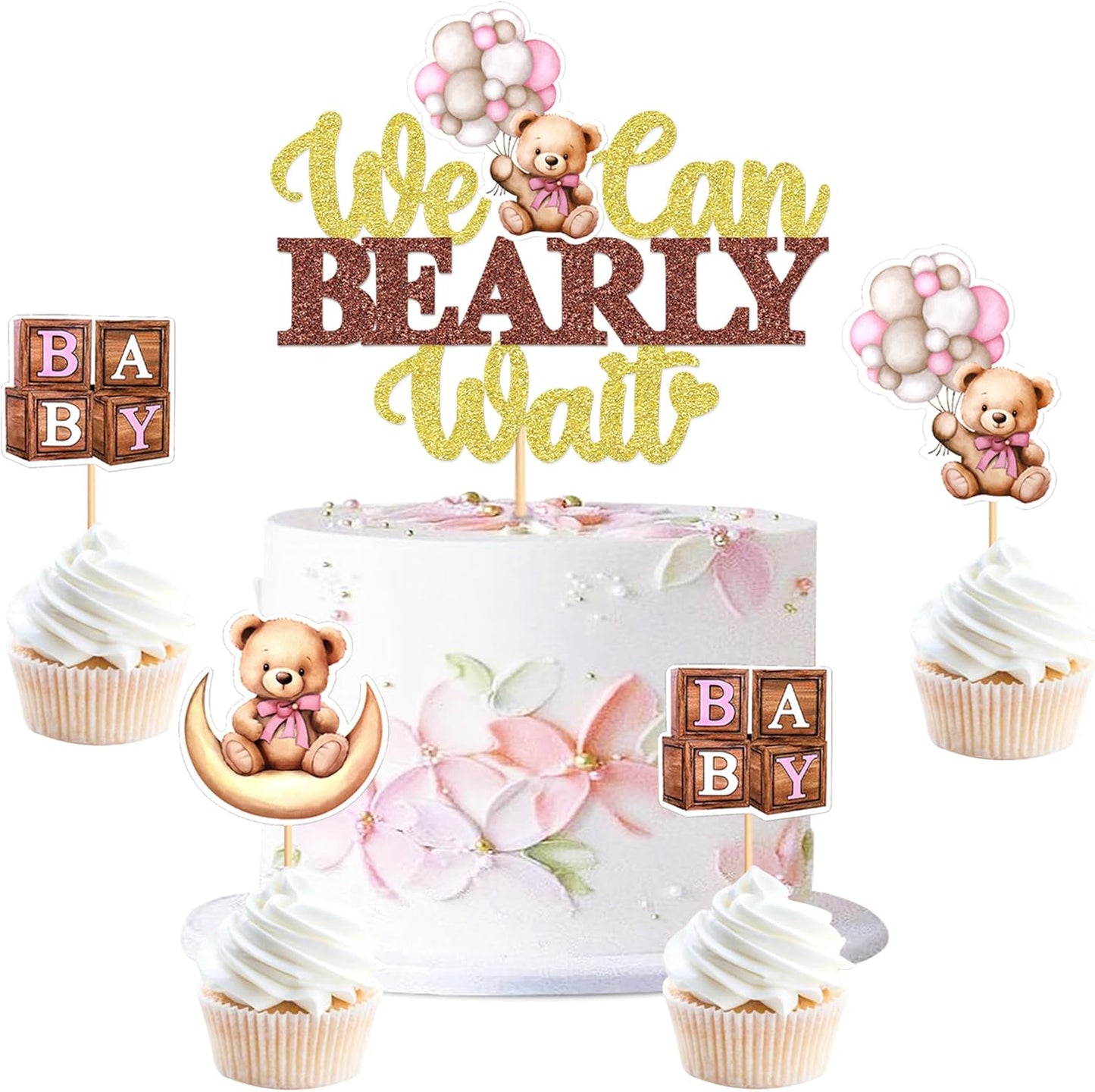 36Pcs Blue Baby Bear Cupcake Toppers Balloon Teddy Bears Cupcake Picks for Blue Baby Shower Gender Reveal Boys Bearly Birthday Cupcake Decorations We Can Bearly Wait Party Decorations Supplies