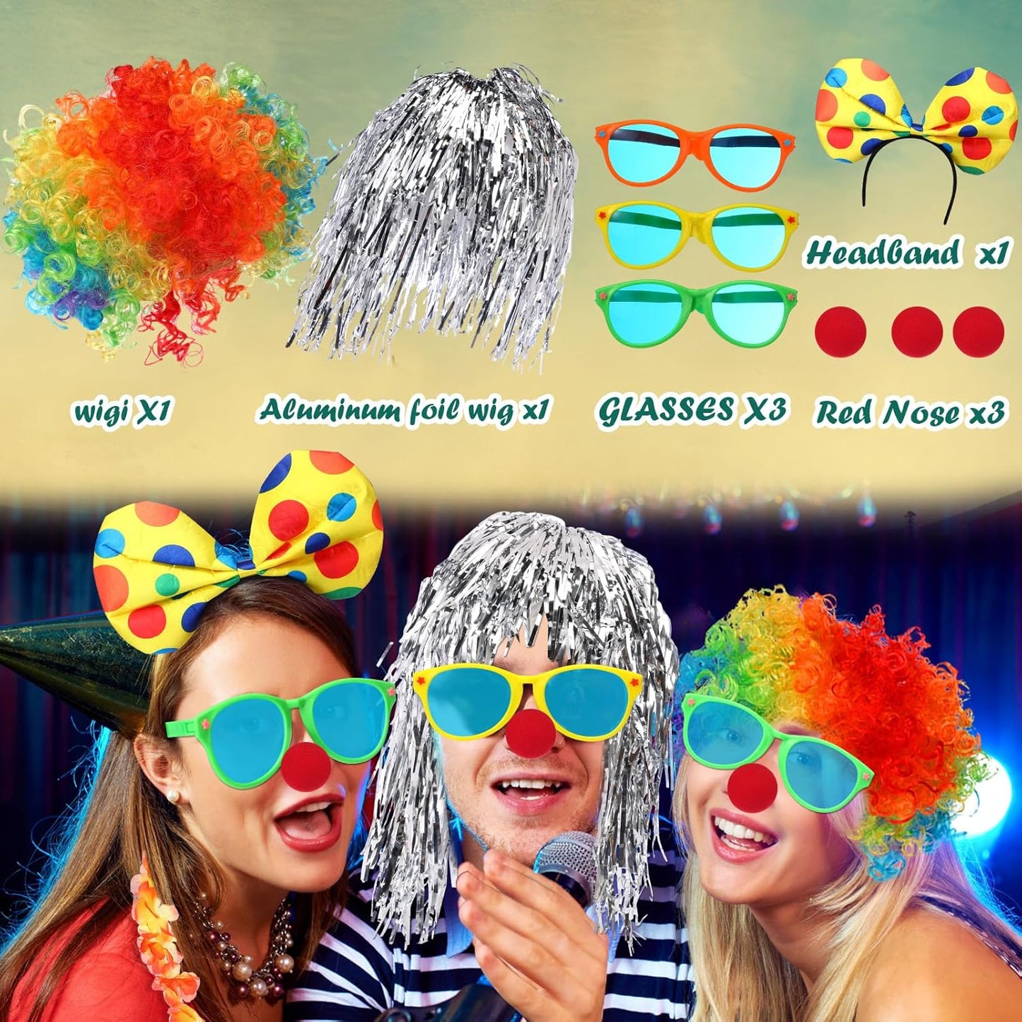 XunYee 57 Pcs Carnival Party Decoration Include Circus Photo Booth Props Clown Wig Silver Wig Clown Headband Clown Nose Funny Plastic Glass Clown Accessory Kit Party Supplies Carnival Birthday Party