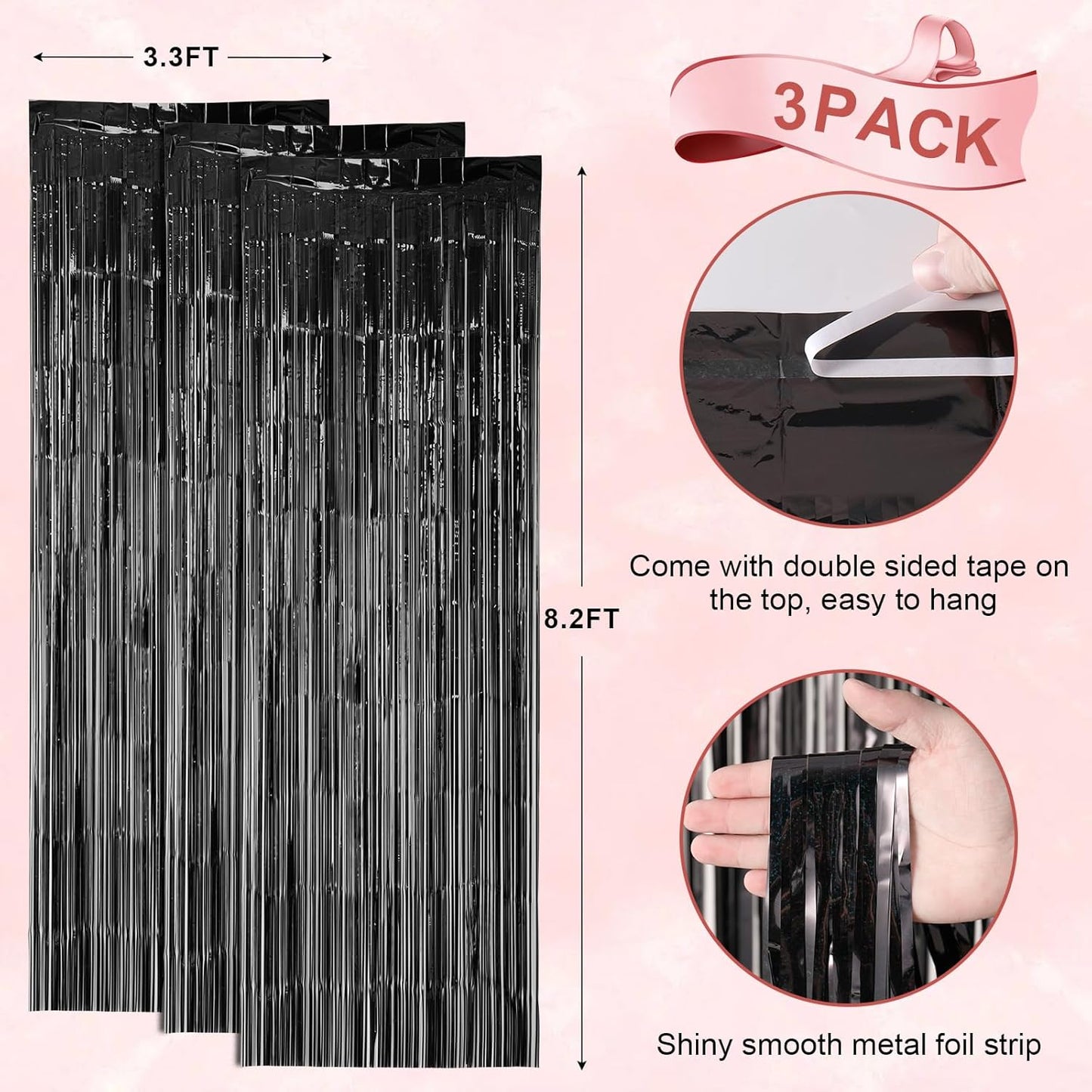 Voircoloria 3 Pack 3.3x8.2 Feet Gold Foil Fringe Backdrop Curtains, Tinsel Streamers, Fringe Backdrop for 2025 New Years Eve, Graduation, Birthday, Baby Shower, Gender Reveal, Disco Party - Colors B
