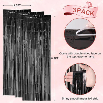 Voircoloria 3 Pack 3.3x8.2 Feet Gold Foil Fringe Backdrop Curtains, Tinsel Streamers, Fringe Backdrop for 2025 New Years Eve, Graduation, Birthday, Baby Shower, Gender Reveal, Disco Party - Colors B