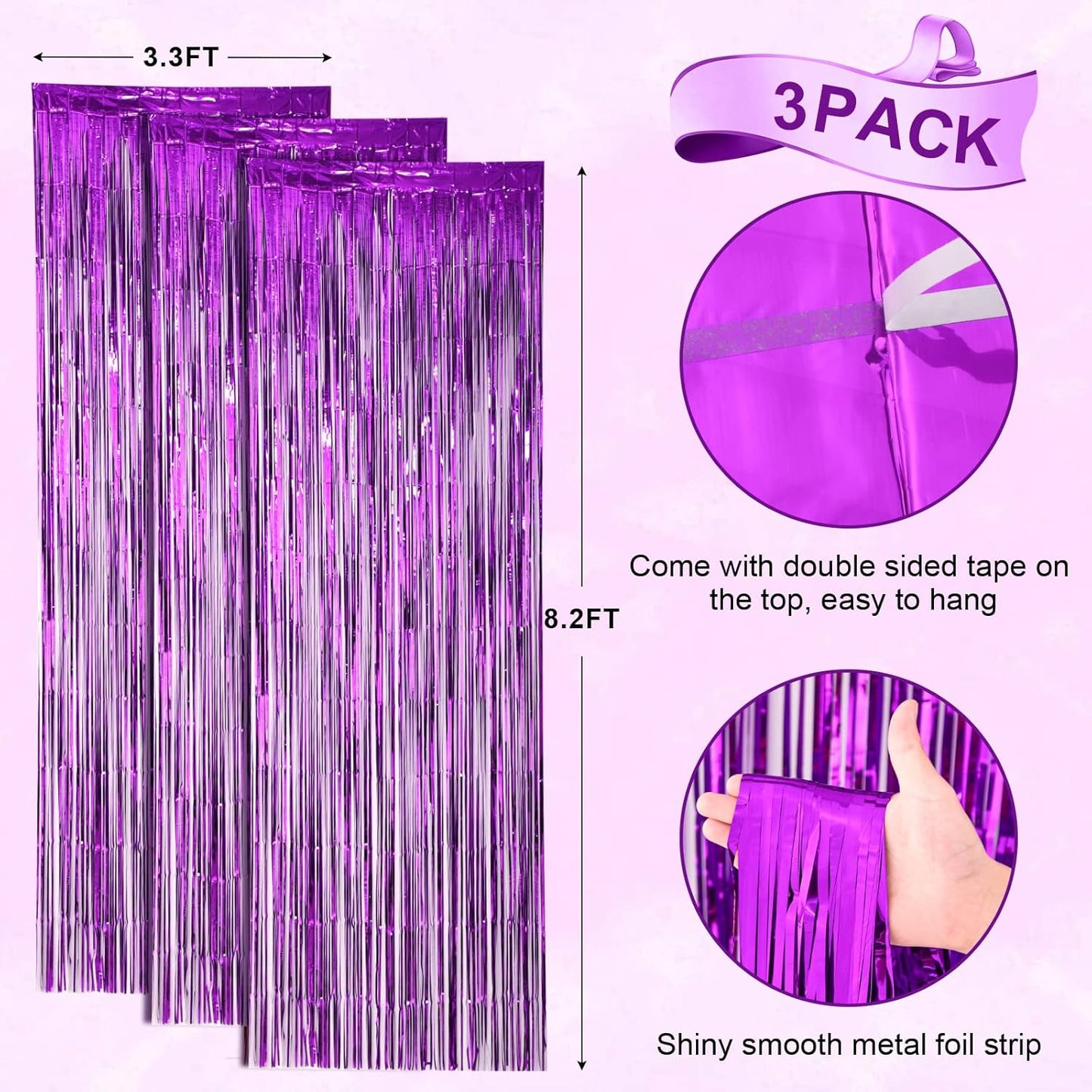 Voircoloria 3 Pack 3.3x8.2 Feet Gold Foil Fringe Backdrop Curtains, Tinsel Streamers, Fringe Backdrop for 2025 New Years Eve, Graduation, Birthday, Baby Shower, Gender Reveal, Disco Party - Colors A