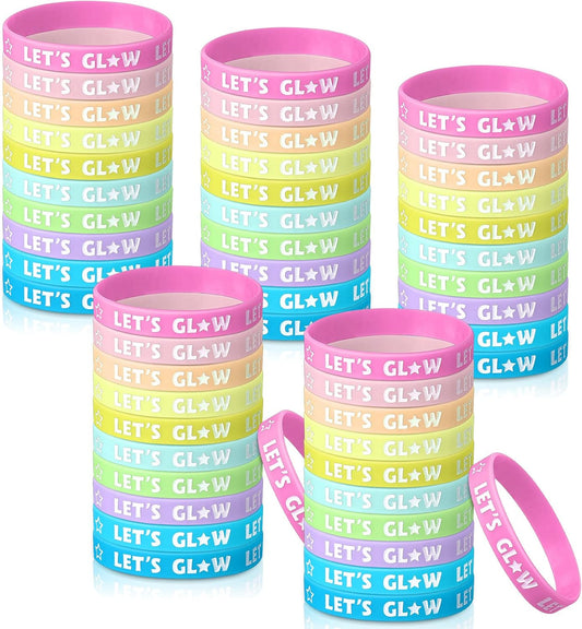 Karenhi 100 Pcs Glow in the Dark Bracelets Neon Party Favors Let's Glow Silicone Bracelet Crazy Bracelet Light up Wristbands for Neon Party Concerts Sports Parties Night Favors, 10 Styles