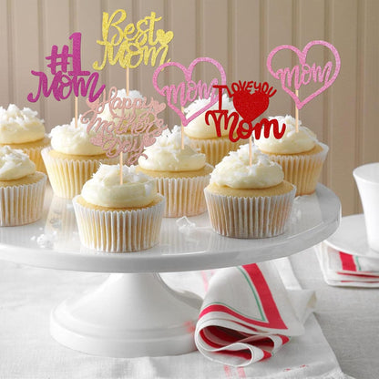 24 PCS Happy Mother's Day Cupcake Toppers with Glitter Heart Love Mother Best Mom Cupcake Picks for Happy Mother's Day Theme Women Birthday Party Cake Decorations Supplies Rose Gold