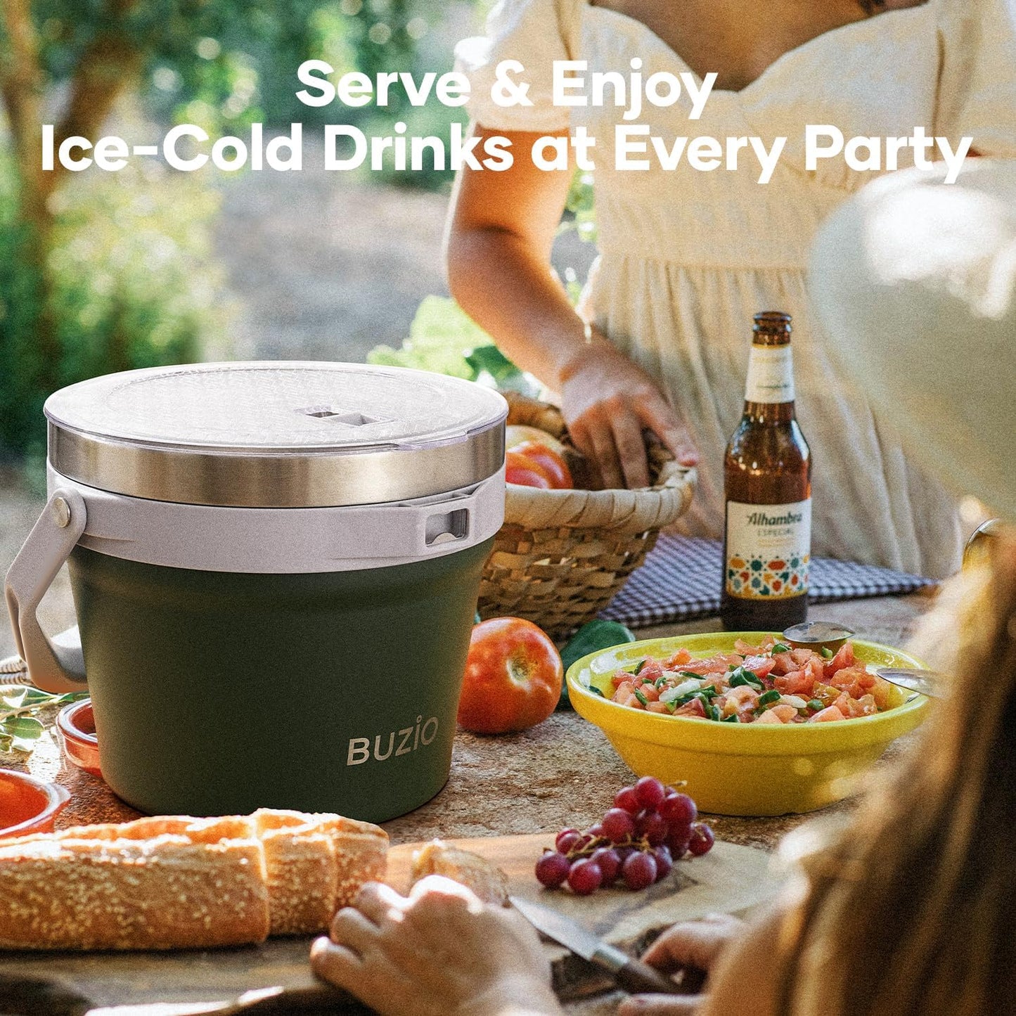 BUZIO 7 L Ice Bucket for Parties with Lid and Scoop & Tongs, Vacuum Insulated Stainless Steel Ice Buckets with Handle and Adjustable Shoulder Strap, Large Beverage Bucket for Cocktail Bar, Blue