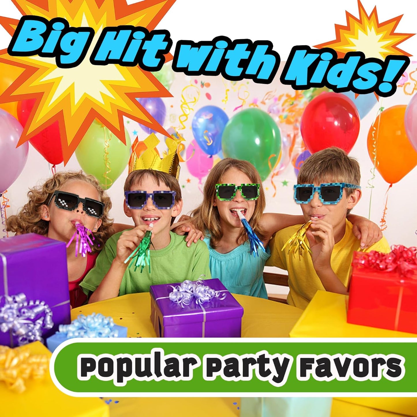 kilofly 10pc 8-Bit Pixel UV Protect Gamer Sunglasses Adult Kids Party Favors