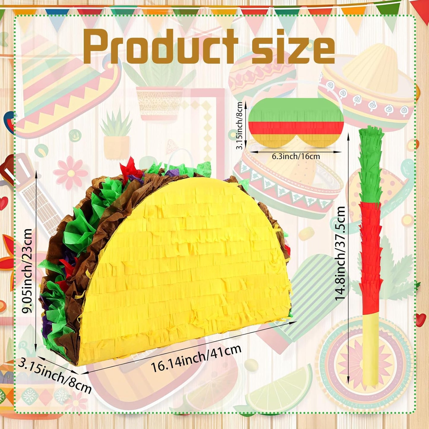 Hooqict Mexican Pinata with Blindfold and Bat Stick Party Pinata for Fiesta Carnival Cinco de Mayo Decorations Kids Adults Mexican Party Games Birthday Party Supplies