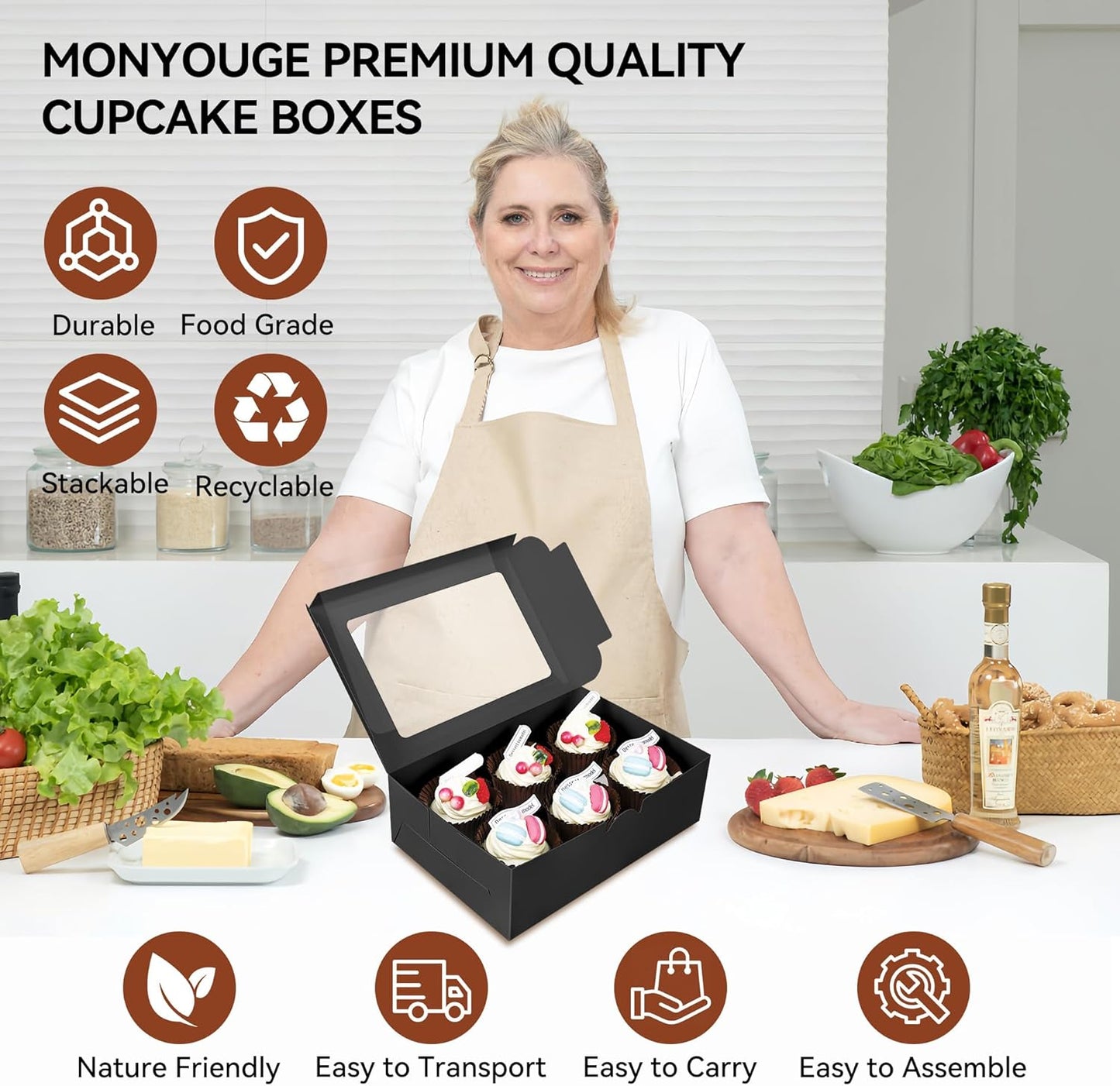 30-Set Cupcake Boxes Bulk with Clear Display Window Hold 6 Standard Cupcakes, Disposable Food Grade White Cupcake Carrier Cupcake Container, Perfect for Cupcakes Muffins Cookies Pastries