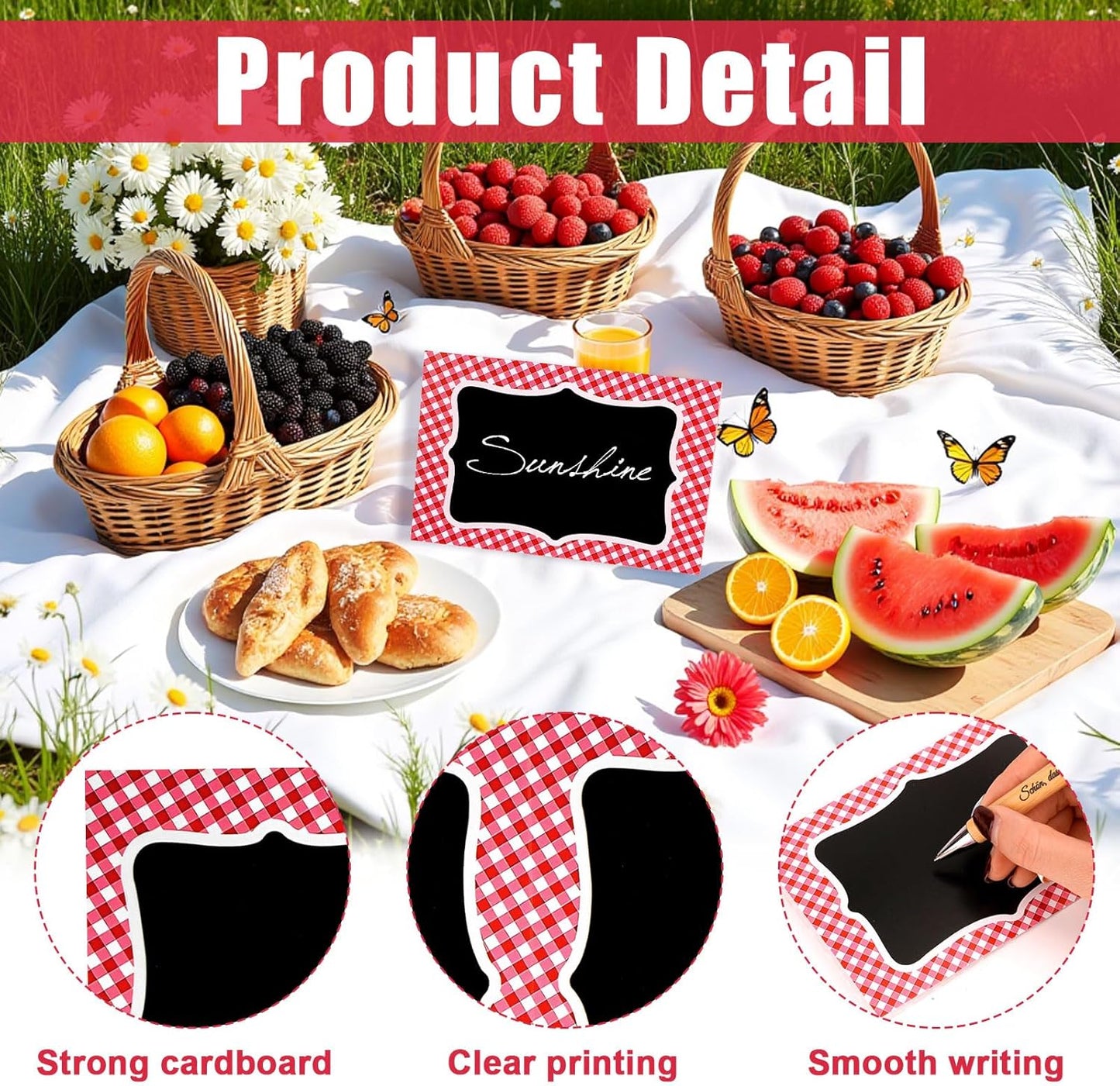 25 Pcs Picnic Party Decorations BBQ Party Decorations, Red Gingham Double Sided Cardboard Tent Cards for Table Number Food Labels Buffet Signs Wedding Baby Shower Event Decor Supplies