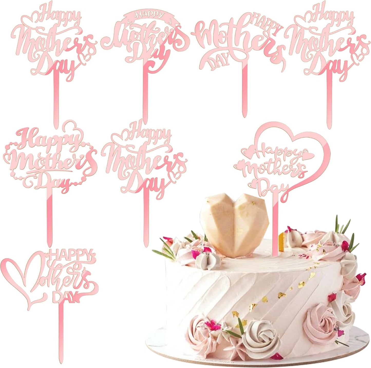 24 PCS Happy Mother's Day Cupcake Toppers with Glitter Heart Love Mother Best Mom Cupcake Picks for Happy Mother's Day Theme Women Birthday Party Cake Decorations Supplies Rose Gold