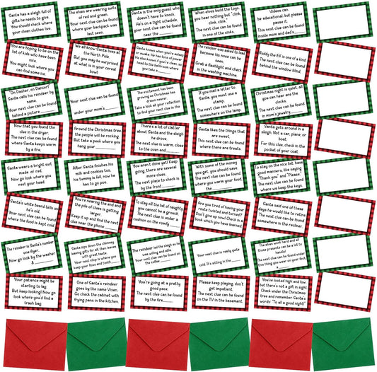Geyoga 48 Set Funny Christmas Game Include 48 Pieces Treasure Hunt Clue Cards(8 Pcs Blank Card for DIY), 48 Pcs Red and Green Envelops for Christmas Indoor Outdoor Family Games