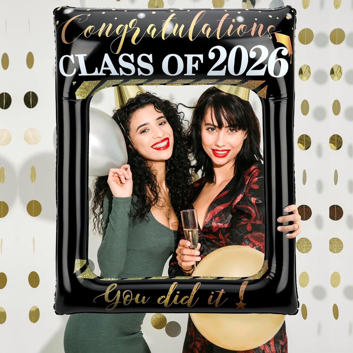 POPGIFTU Class of 2026 Graduation Photo Booth Frame, Inflatable Selfie Frame 31" x 24", Black Gold Congrats Grad Photo Booth Props for Graduation Party Decorations 2026