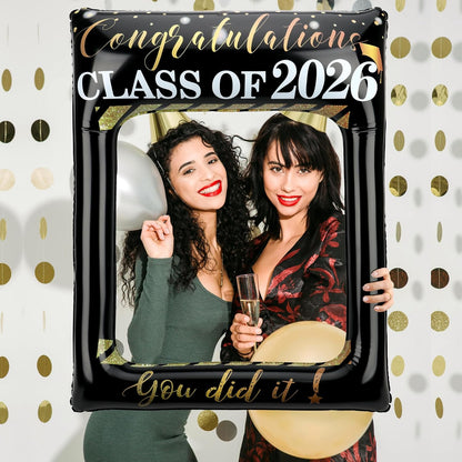 POPGIFTU Class of 2026 Graduation Photo Booth Frame, Inflatable Selfie Frame 31" x 24", Black Gold Congrats Grad Photo Booth Props for Graduation Party Decorations 2026