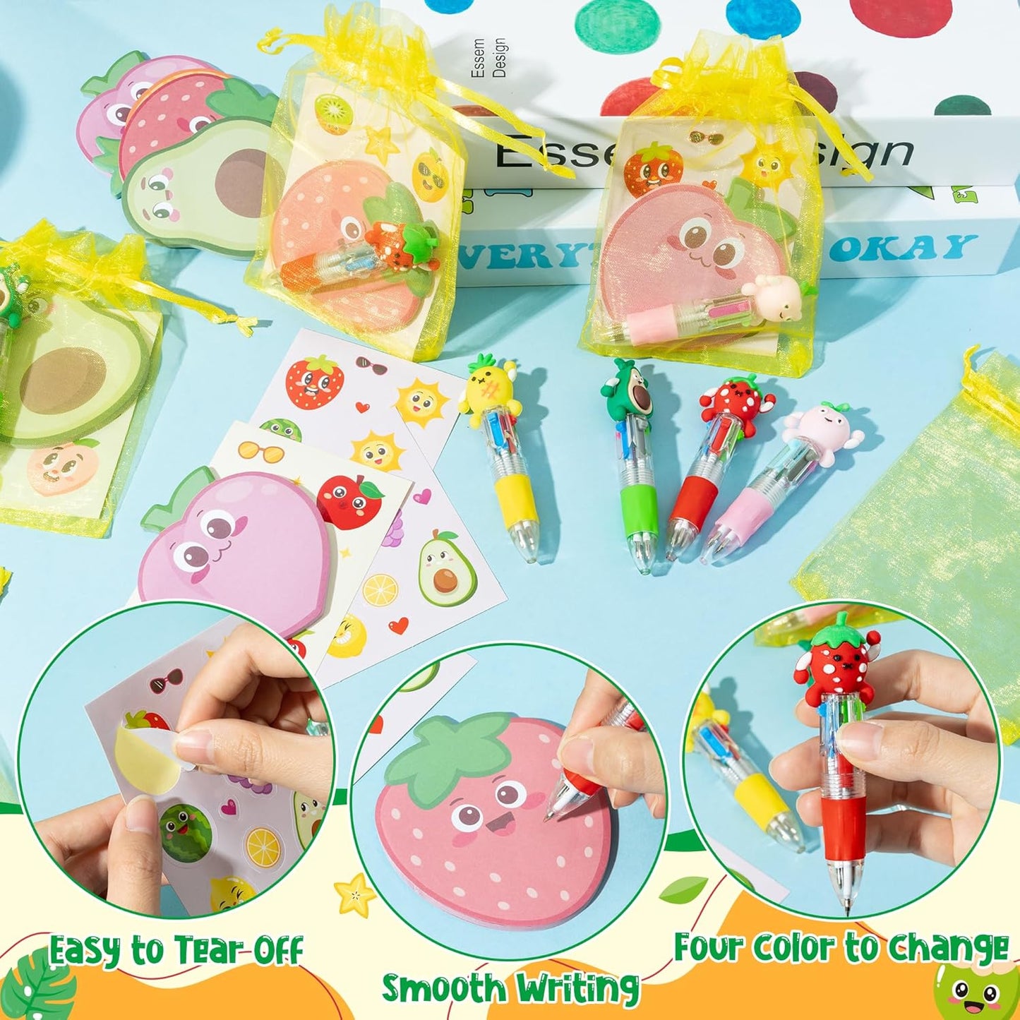 CY2SIDE Dinosaur Stationery Party Gift - 24 Pack Back to School Gifts Set Include 4-in-1 Ballpoint Pens Sticky Notes Stickers & Organza Dino Animal Party Favors Goodie Bag Fillers for Classroom Prizes