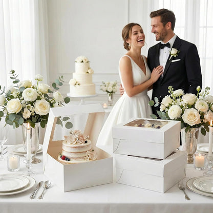 3 Pack 10x10x5 Inch White Cake Boxes with Window and Lids – Disposable Bakery Boxes for Cakes, Donuts, Pies, Cookies – No Cake Boards Included – Birthday, Wedding, Party Supplies