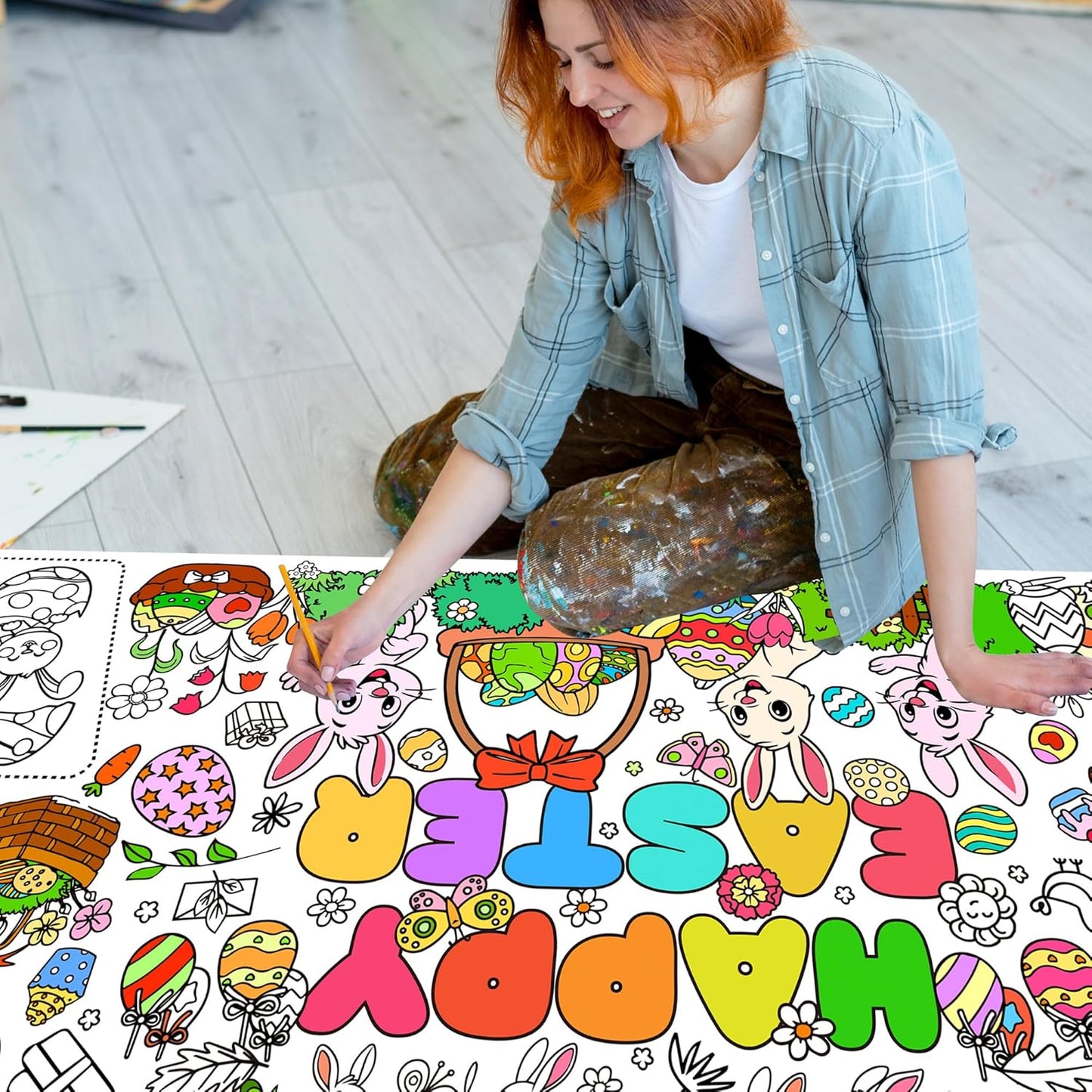 Easter Coloring Poster for Kids 30x72 Inch Bunny Giant Coloring Tablecloth Happy Easter Crafts Paper Table Cover for Gifts Activities Games Classroom Wall School Home Parties