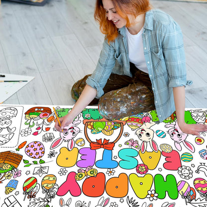 Easter Coloring Poster for Kids 30x72 Inch Bunny Giant Coloring Tablecloth Happy Easter Crafts Paper Table Cover for Gifts Activities Games Classroom Wall School Home Parties