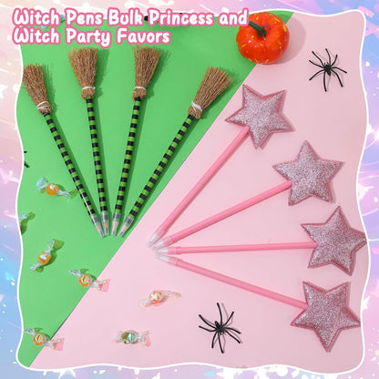 18Pcs Princess and Witch Party Favors with Star Ballpoint Star Pencil Witch Broom Ballpoints Broom Pencils Glitter Mini Spiral Notepads for Party Supplies Decorations