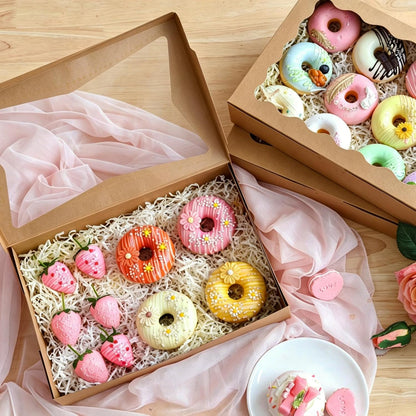 TOMNK 7pcs Cookie Boxes, 12x8x2.5 Inches White Bakery Boxes with 3 Style Window for Chocolate Covered Strawberries, Treats, Breakable Heart, Pastries, Desserts and Cake Pops