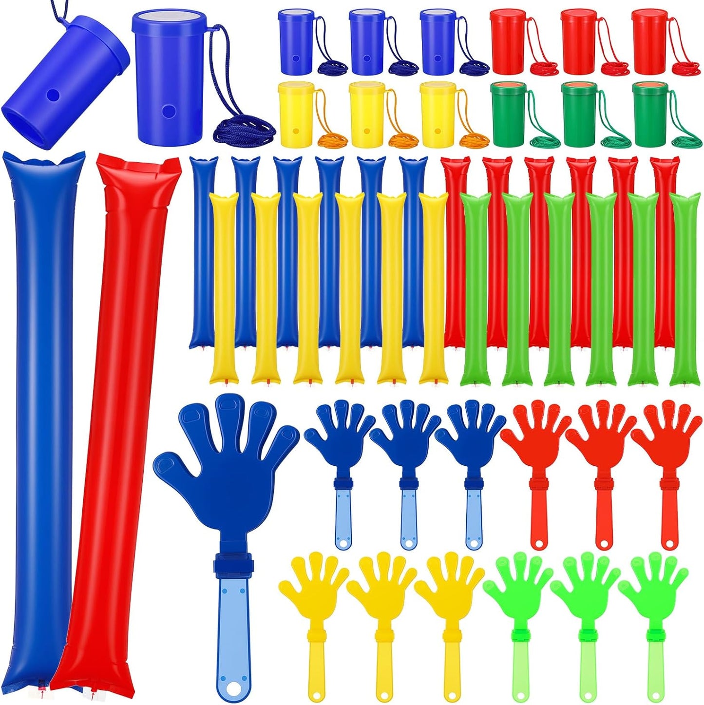48 Pcs Cheering Noisemakers Set Included 12 Pcs Mini Air Horns Noisemakers 12 Hand Clappers 24 Thunder Sticks for Birthdays Sporting Events (Horn,Blue)