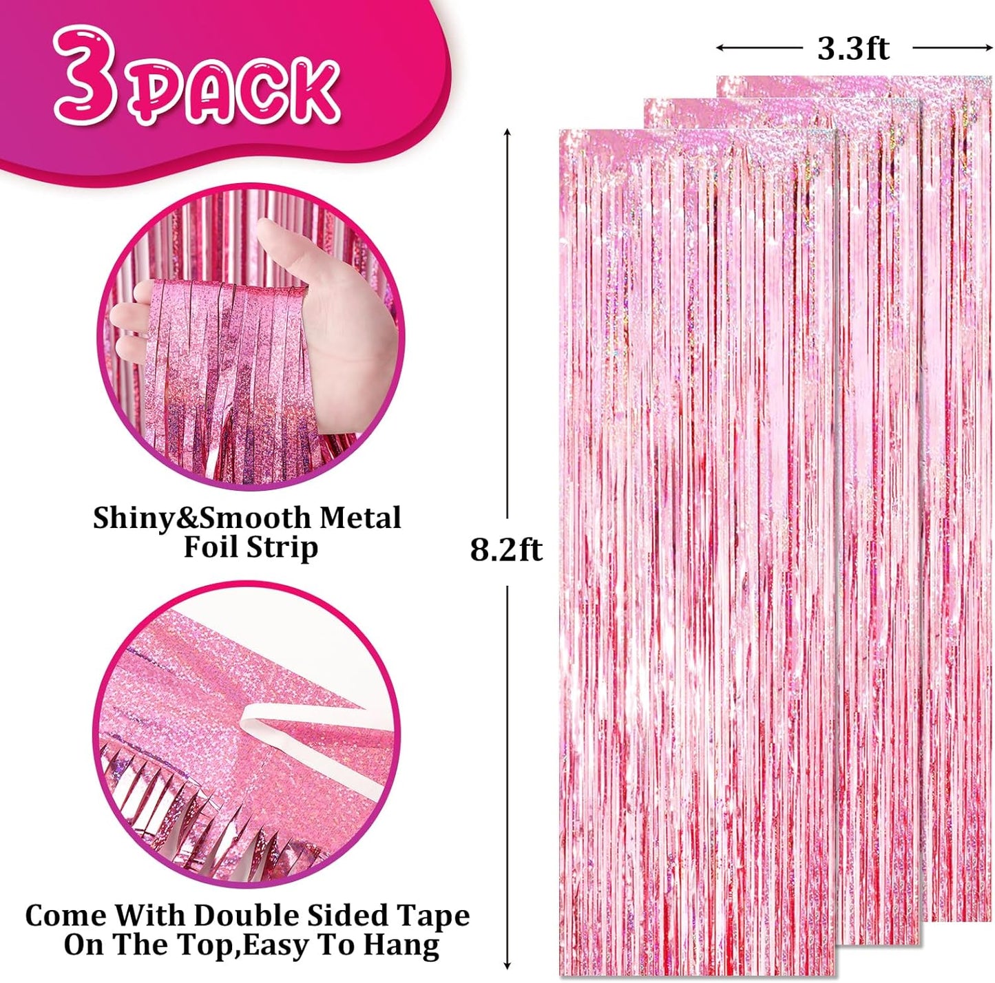 Voircoloria 3 Pack 3.3x8.2 Feet Gold Foil Fringe Backdrop Curtains, Tinsel Streamers, Fringe Backdrop for 2025 New Years Eve, Graduation, Birthday, Baby Shower, Gender Reveal, Disco Party - Colors B