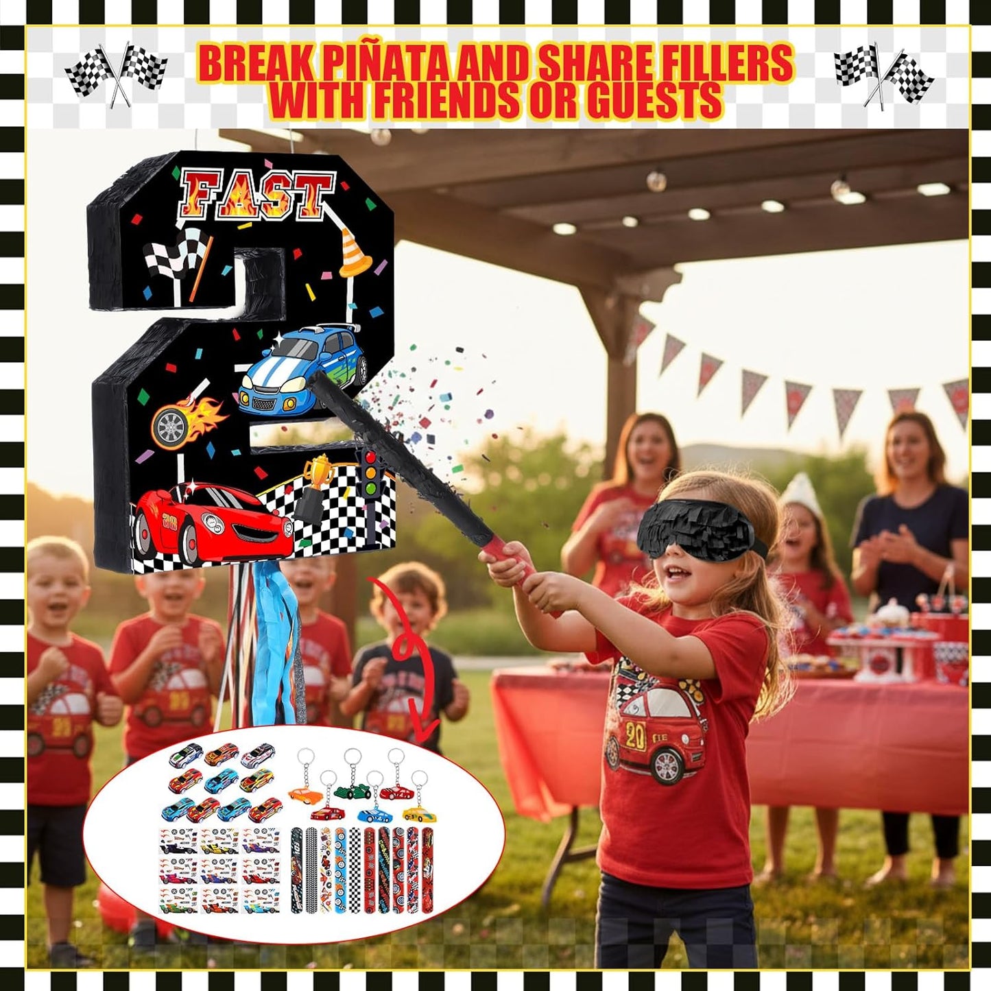 Pasimy Number 3 Piñata Race Car Party Favors Set with Black Red Birthday Piñata Stick Blindfold Slap Bracelet Keychain Sticker Racecar Party Gifts Birthday Decorations Goodie Bag Stuffer Supplies