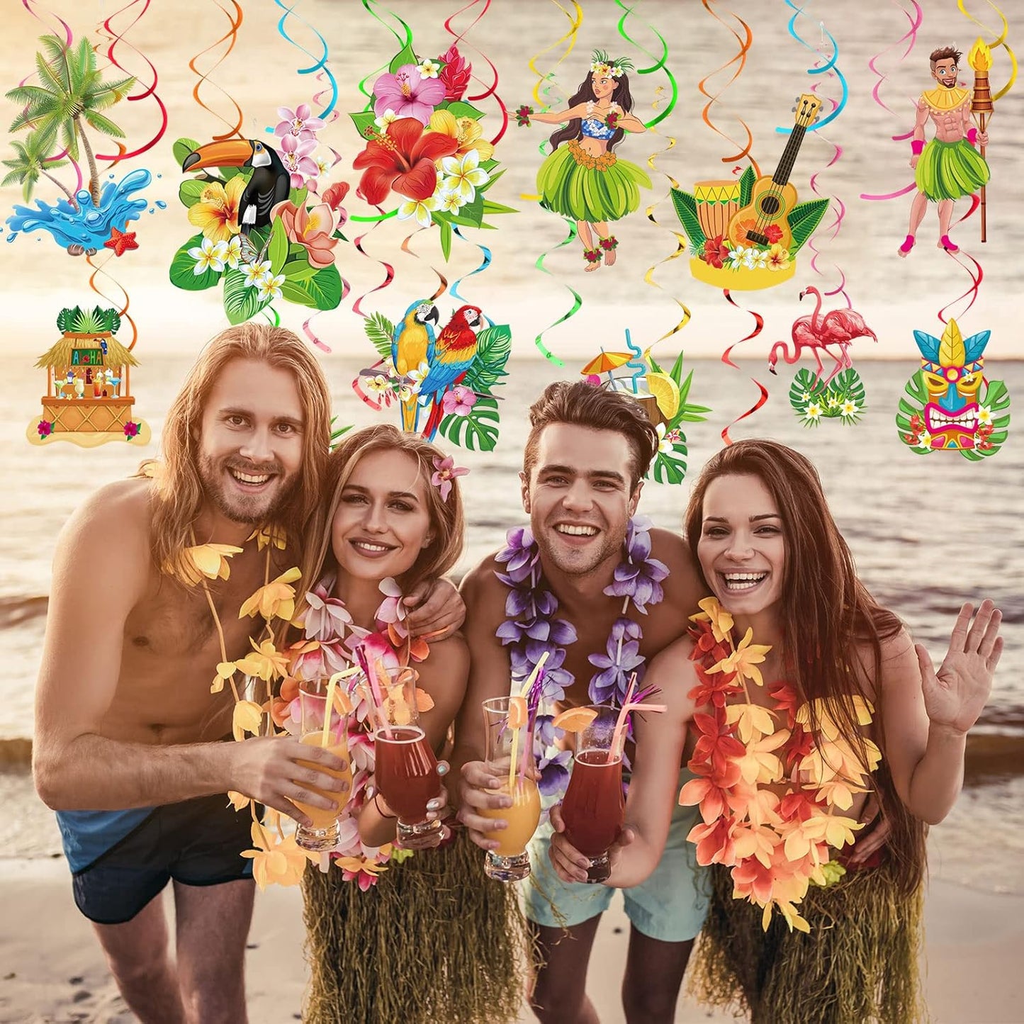 Outus 30 Pieces Hawaiian Luau Birthday Party Hanging Swirl Decorations, Flower Tropical Palm Flamingo Sign Foil Ceiling Decor for Floral Tropical Party Summer Beach Pool Tiki Supplies(Summer)