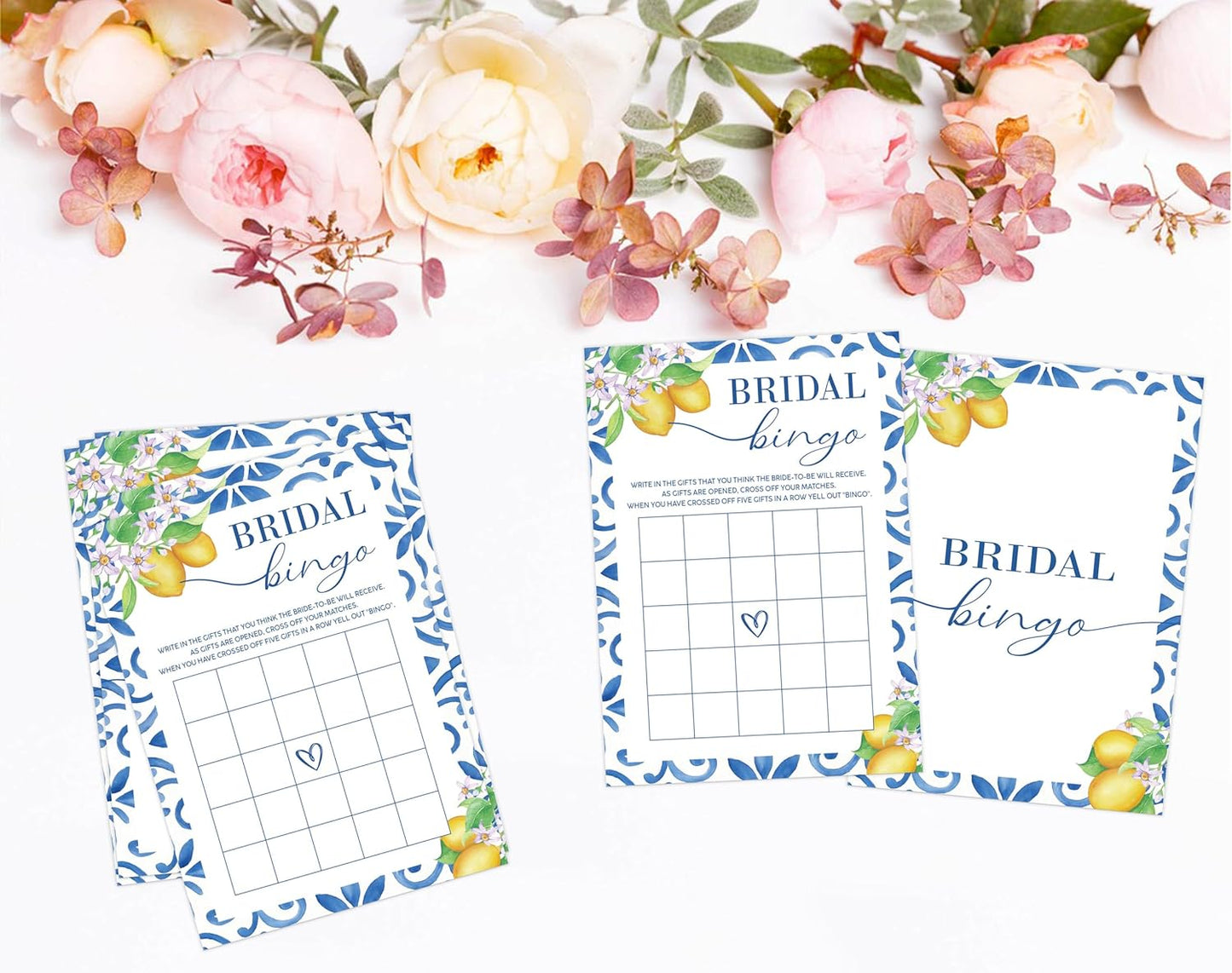 Mediterranean Lemon Bridal Shower Bingo Game with Blank Squares, Pack of 30 Game Cards, Bridal Shower Decorations, Wedding Engagement Decor, Bachelorette Party Supplies - KR30